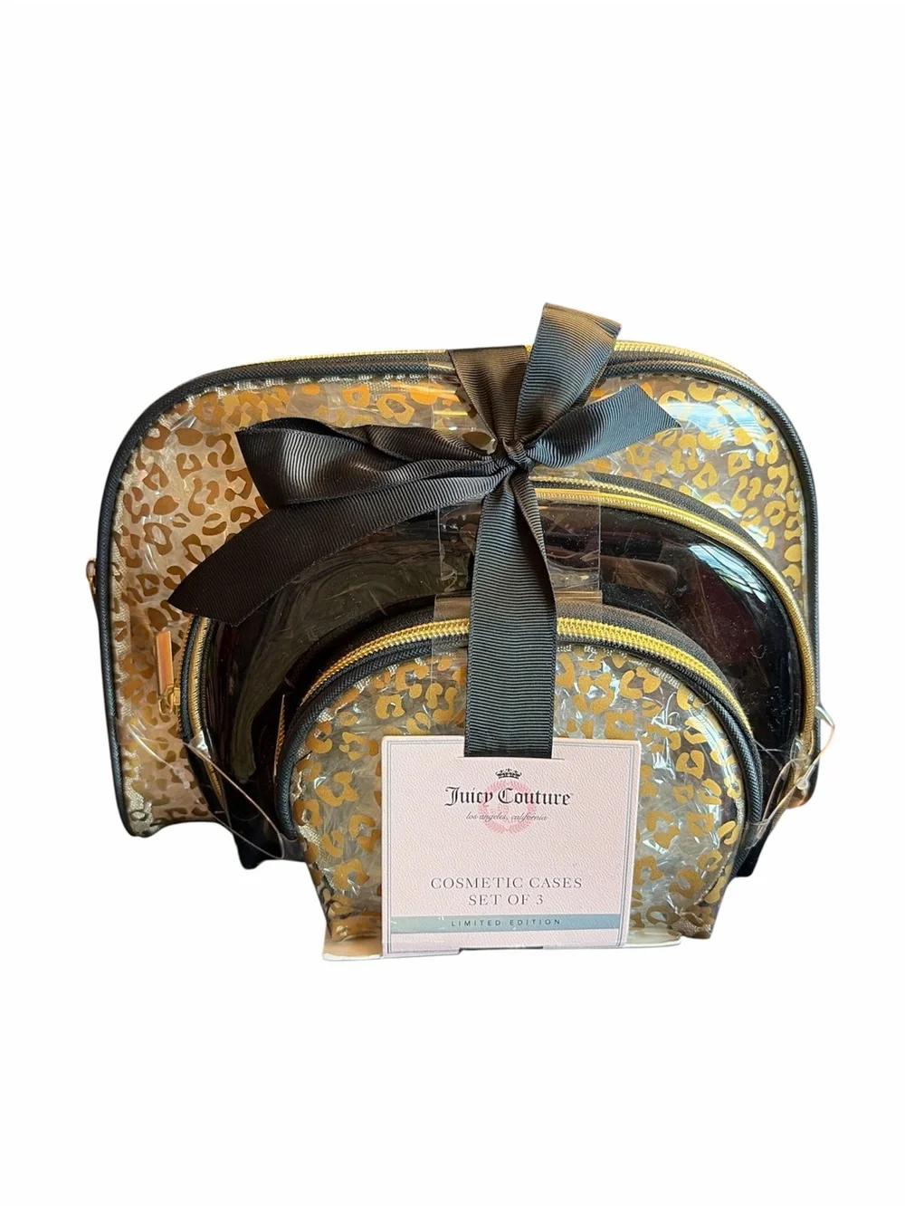 Juicy Couture Gold Leopard Print Cosmetic Case Set with Black Trim